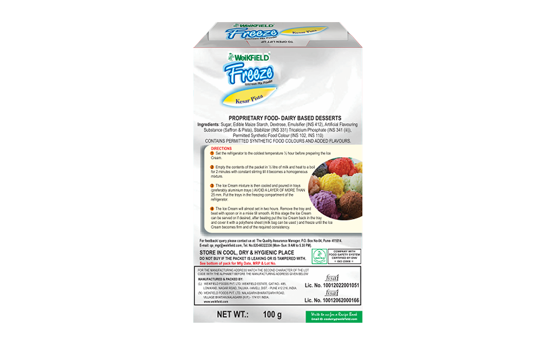 Weikfield Freeze Icecream Mix Powder Kesar Pista   Box  100 grams